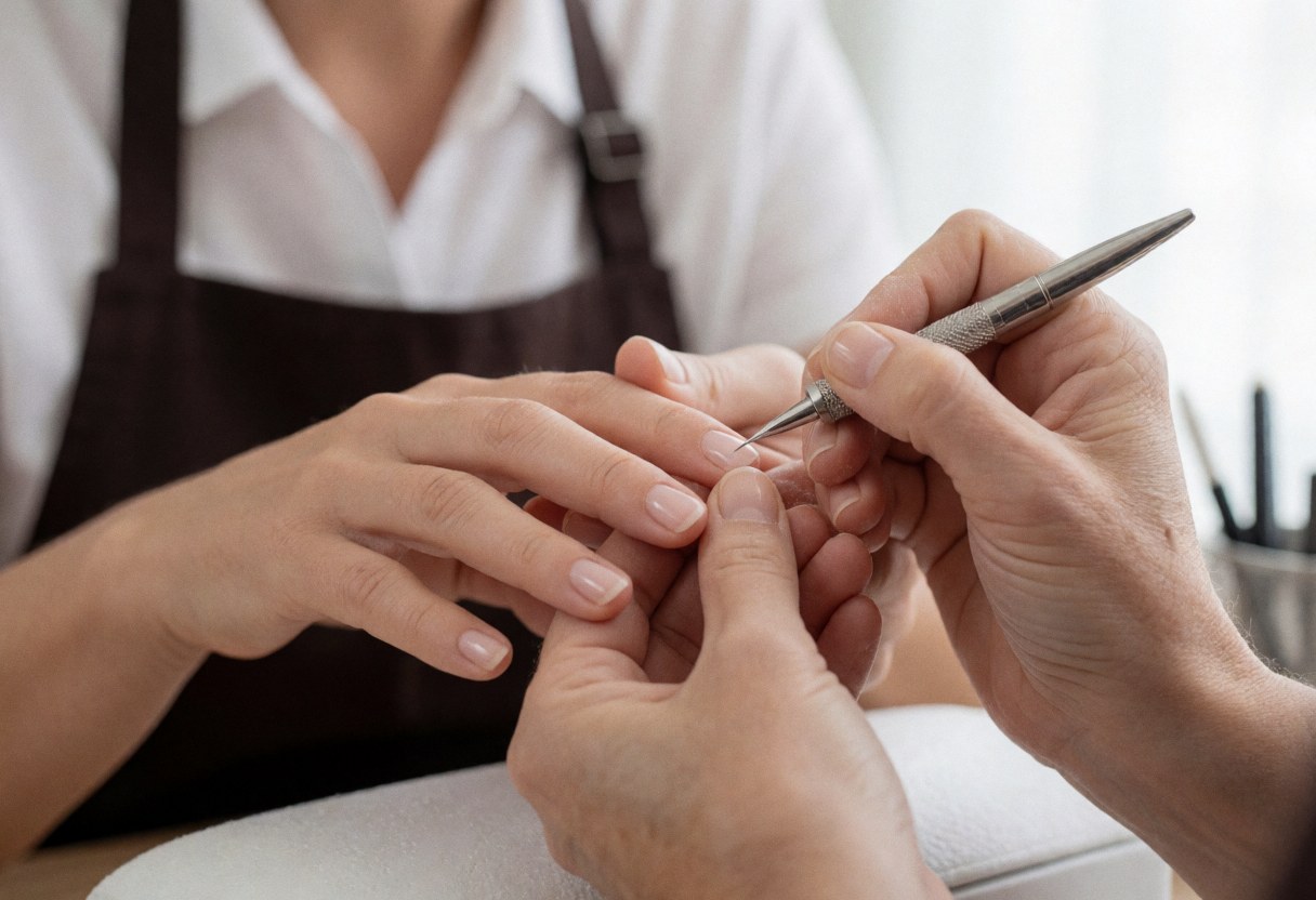 Close-up of a manicurist applying a nail treatment to a client's nails using a brush, with a blurred background and soft lighting.