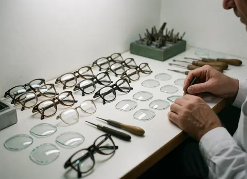 Close-up view of optical frames, lenses, and precision tools arranged on a clean white workbench for an optical store