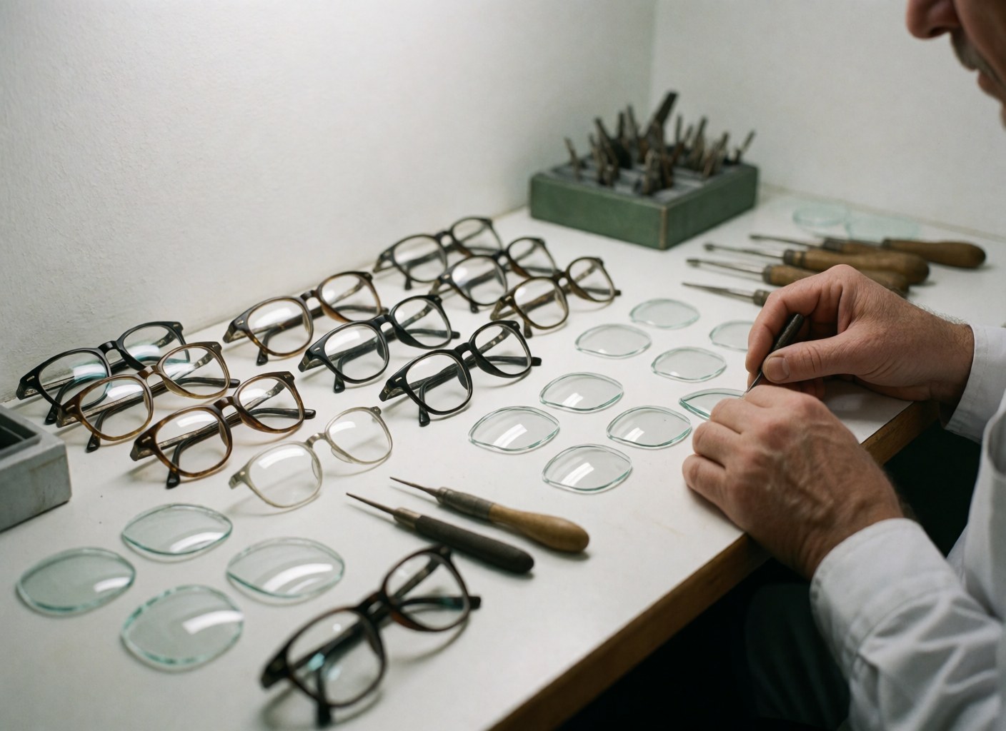 Close-up view of optical frames, lenses, and precision tools arranged on a clean white workbench for an optical store