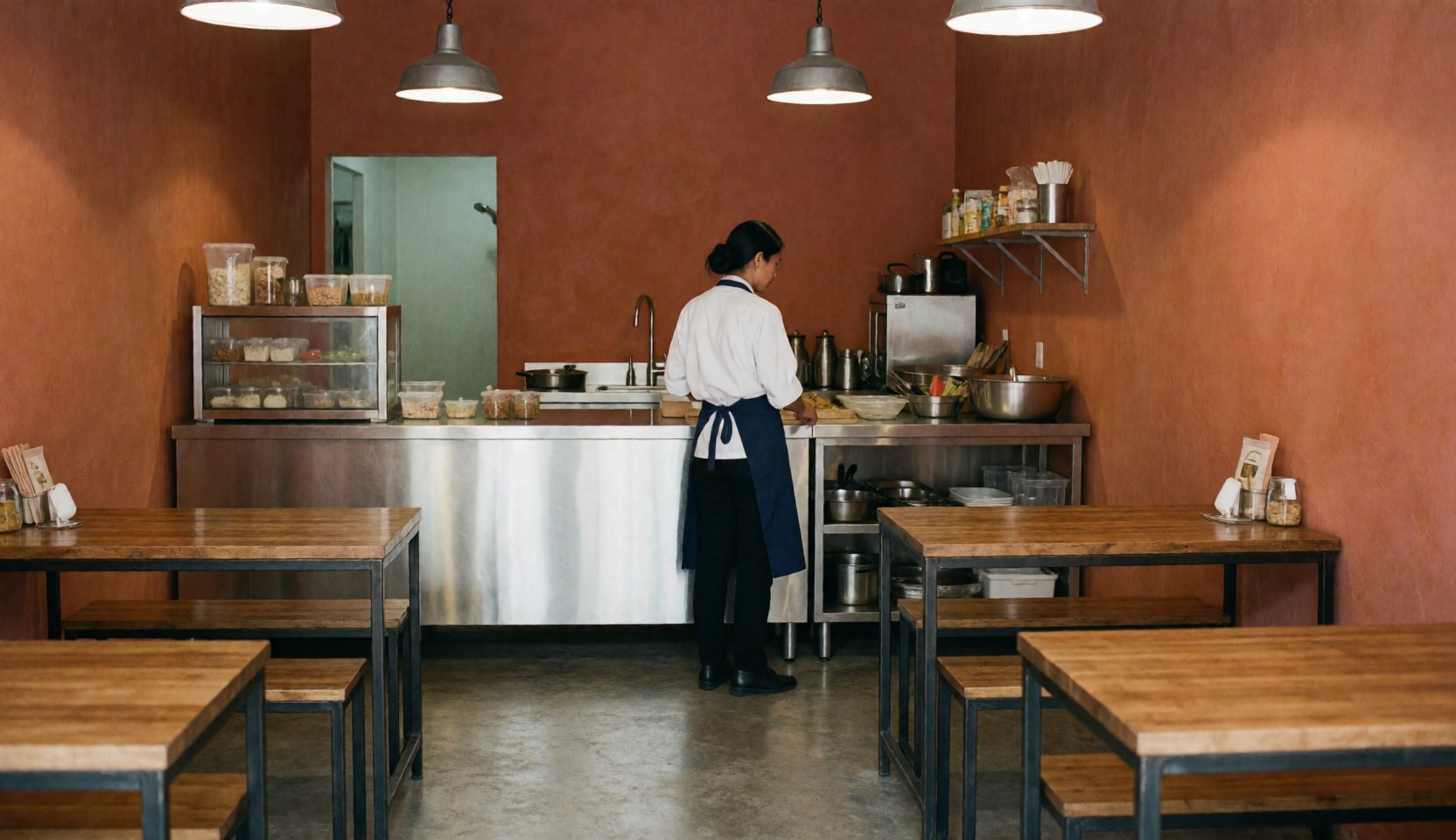 A wide angle shot of a restaurant interior featuring terracotta walls, hanging lights, tables, chairs, and dining essentials like knives, pots, and bottles on the counter.