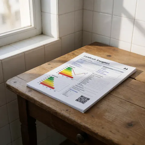Close-up view of a professional energy efficiency certificate document featuring a qr code, energy rating table, and performance graph for field work documentation