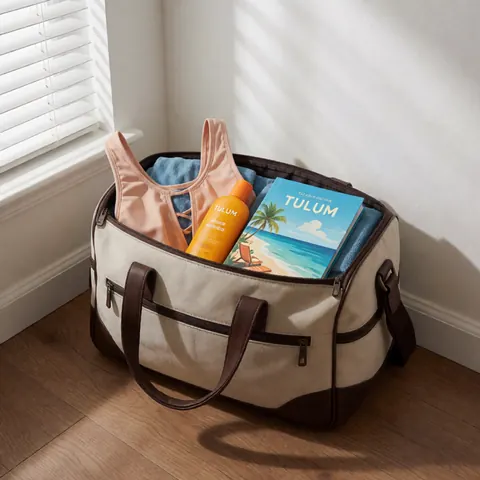 Travel bag with Tulum guide, swimsuit, and sunscreen on wooden floor against white wall with natural light and blind shadows