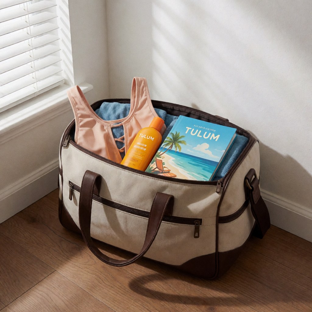 Travel bag with Tulum guide, swimsuit, and sunscreen on wooden floor against white wall with natural light and blind shadows