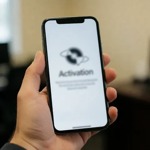 Hand holding a smartphone displaying a blurred activation screen in an office setting, suitable for online course promotion.