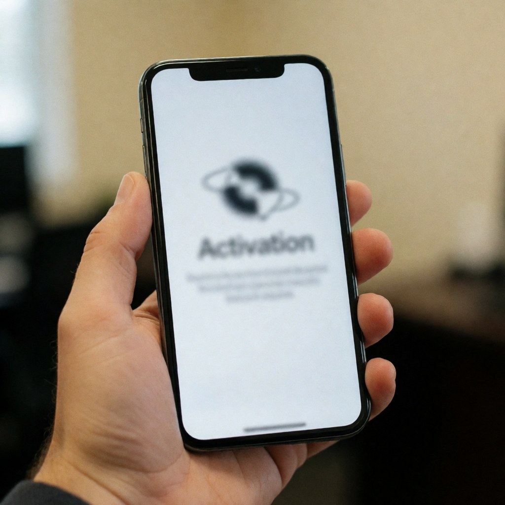 Hand holding a smartphone displaying a blurred activation screen in an office setting, suitable for online course promotion.