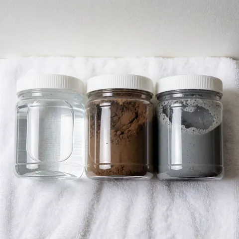 Three jars containing clear water, brown soil, and gray slurry placed on a white towel, suitable for laboratory or field work product use.