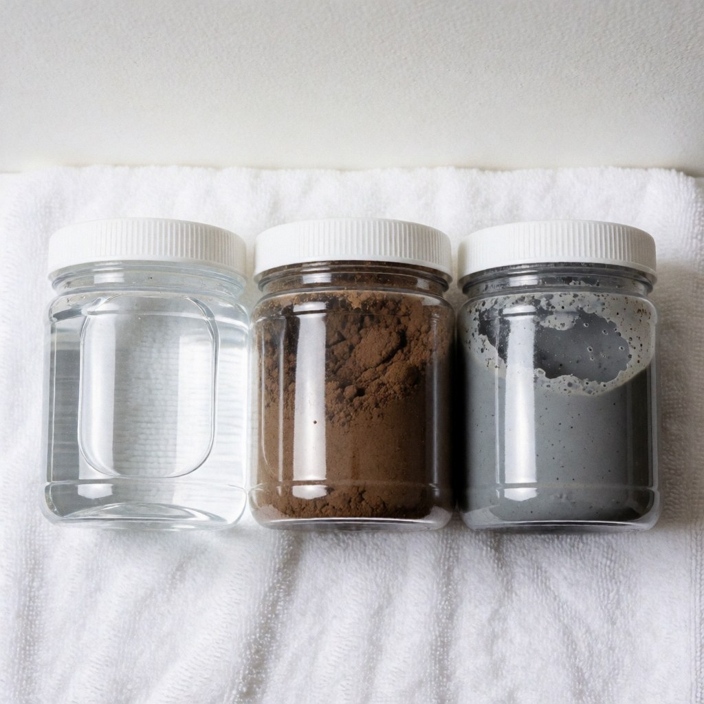 Three jars containing clear water, brown soil, and gray slurry placed on a white towel, suitable for laboratory or field work product use.