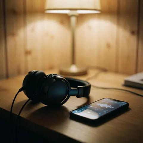 Black headphones and a smartphone displaying an audio app rest on a wooden desk under warm lamp light, creating a cozy atmosphere for online learning and virtual courses.