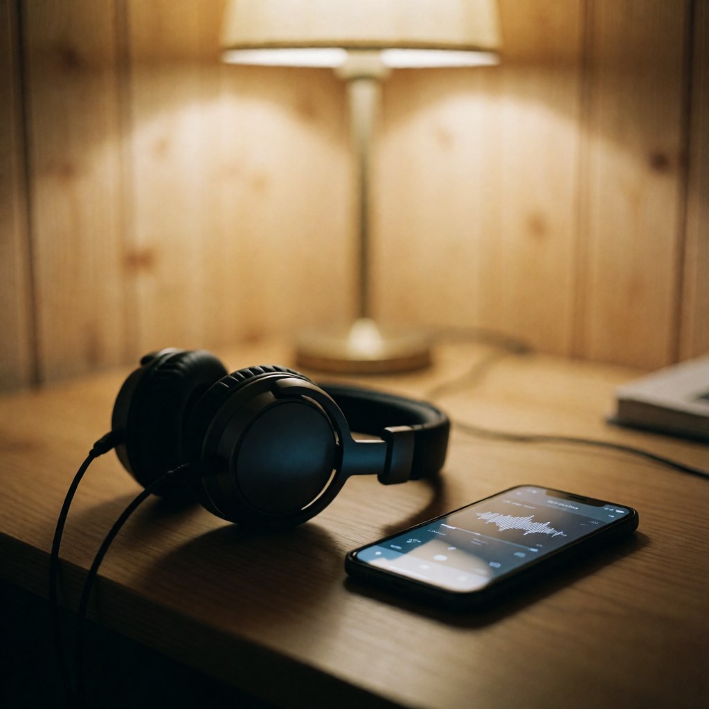 Black headphones and a smartphone displaying an audio app rest on a wooden desk under warm lamp light, creating a cozy atmosphere for online learning and virtual courses.