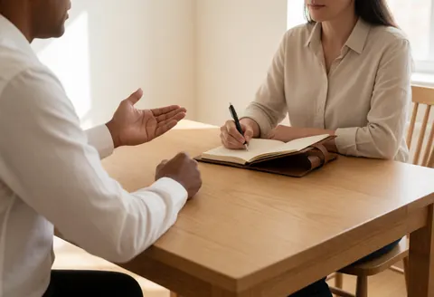 Two professionals in a meeting, one speaking with open gestures while the other takes notes in a notebook on a light wooden table under soft natural light.