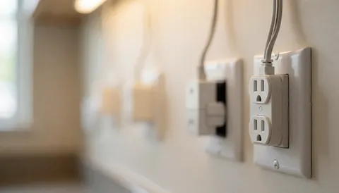 Close-up of an interior wall featuring electrical outlets and cables, providing a neutral background with warm lighting suitable for text overlays.