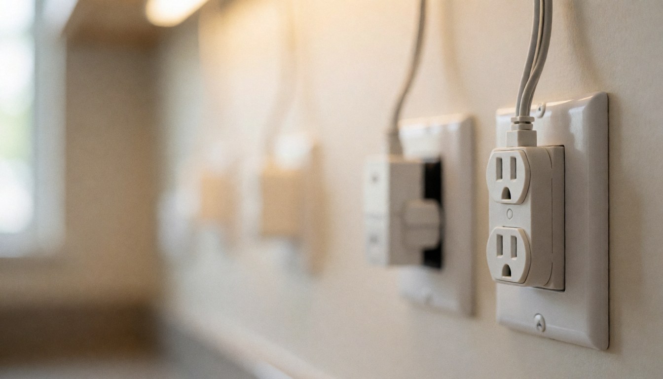 Close-up of an interior wall featuring electrical outlets and cables, providing a neutral background with warm lighting suitable for text overlays.
