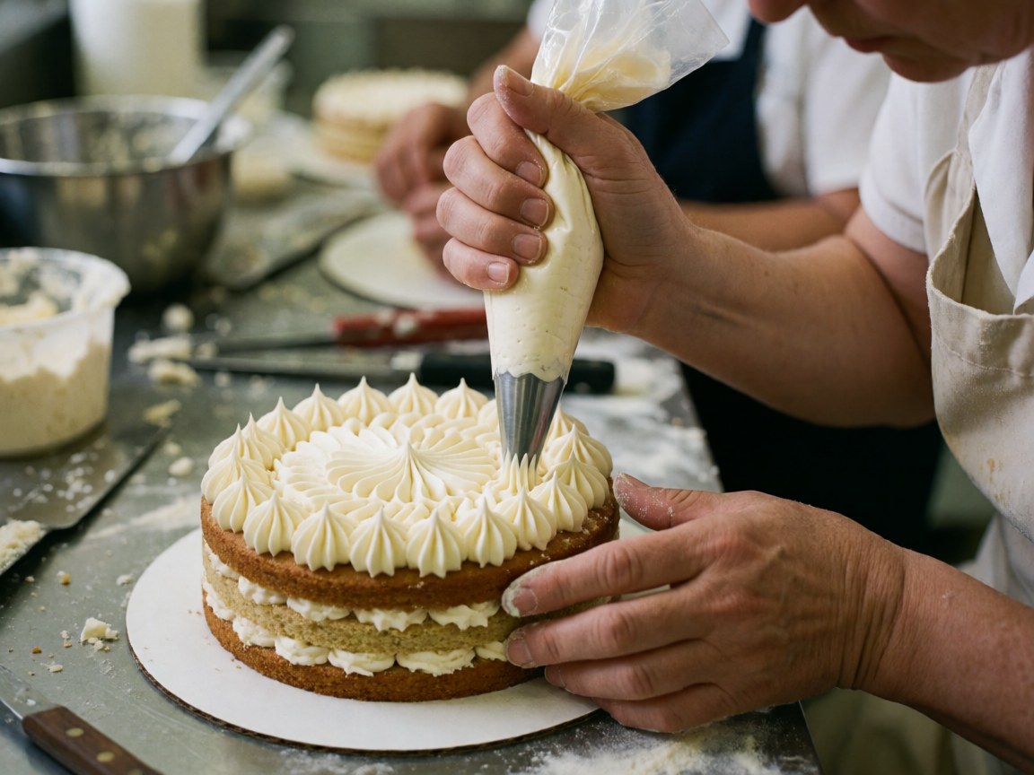 Close-up of a baker's hands using tools to apply white frosting to a cake, with blurred kitchen equipment in the background.