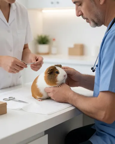 Veterinarian examines guinea pig on white table while assistant holds instruments in modern veterinary clinic