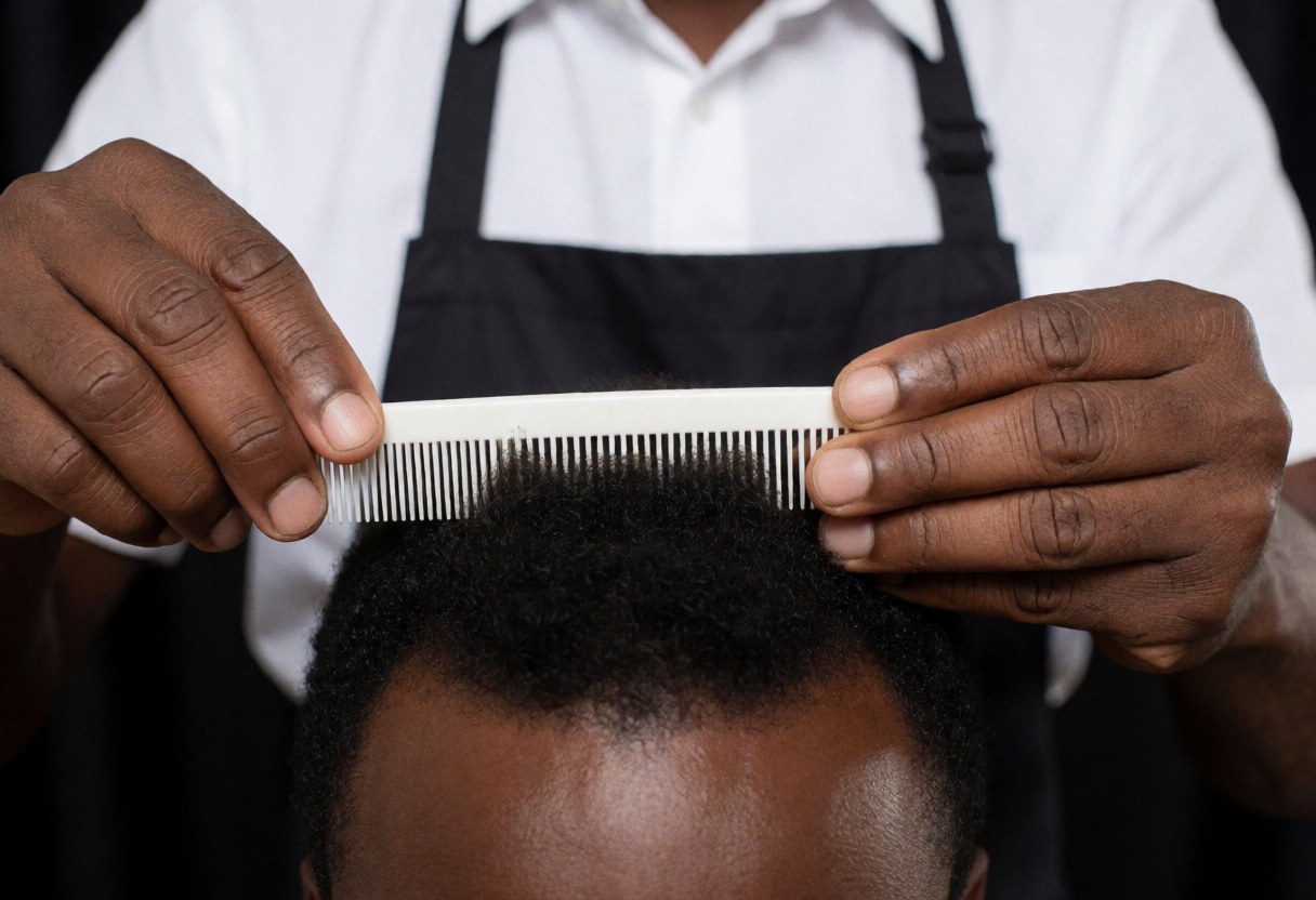 Professional hairdresser measuring a client's hair length with a white comb against a dark background to ensure precision during the service.