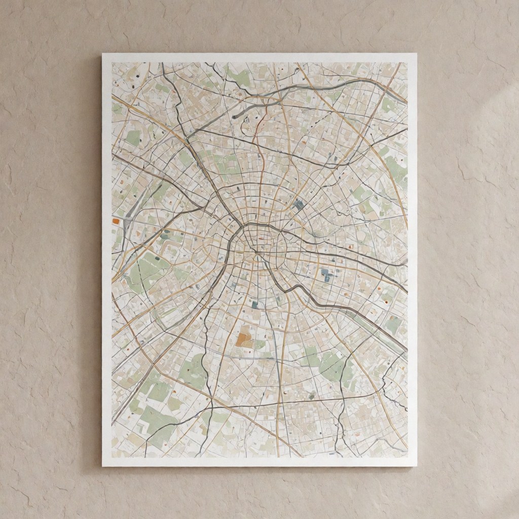 A minimalist earth-toned map of Paris displayed as a wall mural, suitable for travel agency decor and tourism business branding