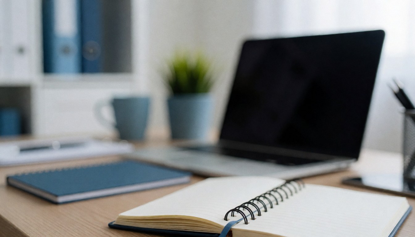 Clean modern office desk with laptop, notebook, and plants on a white and blue background for text overlay