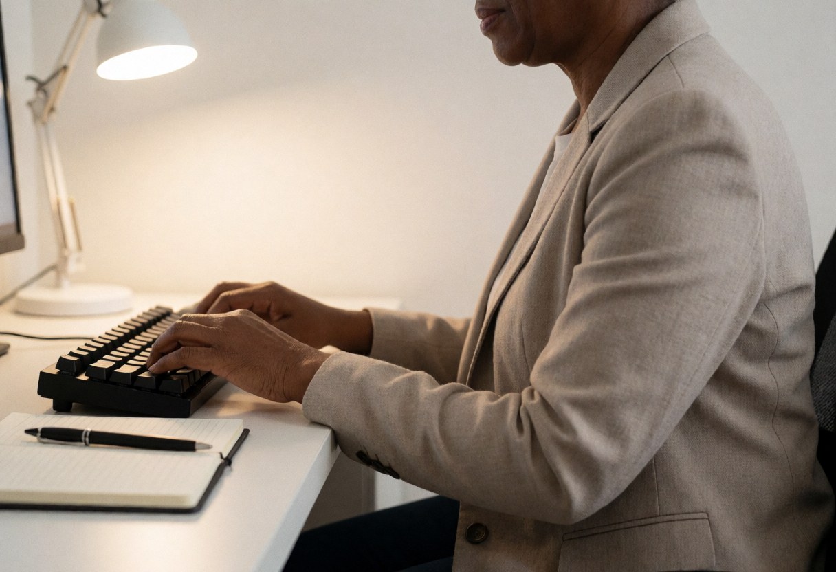 Support agent typing on a mechanical keyboard with a notebook and pen on a desk under professional lighting