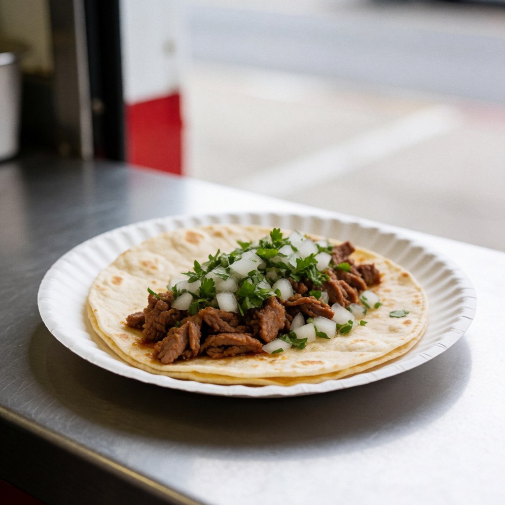 A fresh taco served on a white plate, featuring seasoned meat, chopped onions, and cilantro, ready for a food truck menu.