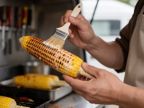 Close-up view of hands using a brush to apply mayonnaise and chili powder to a grilled corn cob on a food truck