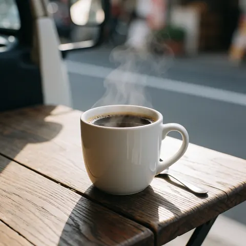 Steaming hot black coffee served in a white ceramic cup placed on a rustic wooden table with soft morning light and a blurred urban background