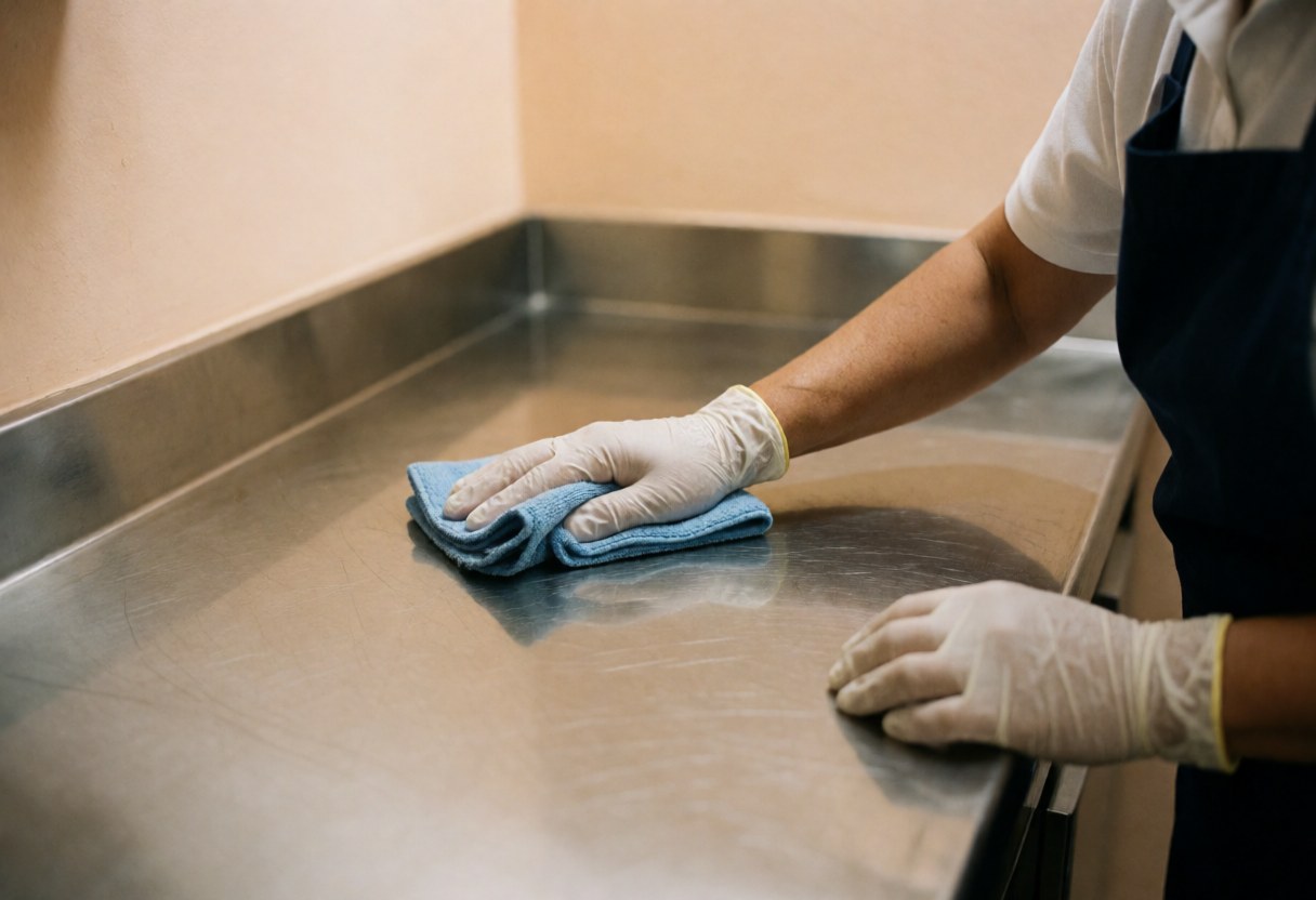 A person wearing blue gloves wipes down a stainless steel counter inside a food truck during evening service, ensuring hygiene and cleanliness.