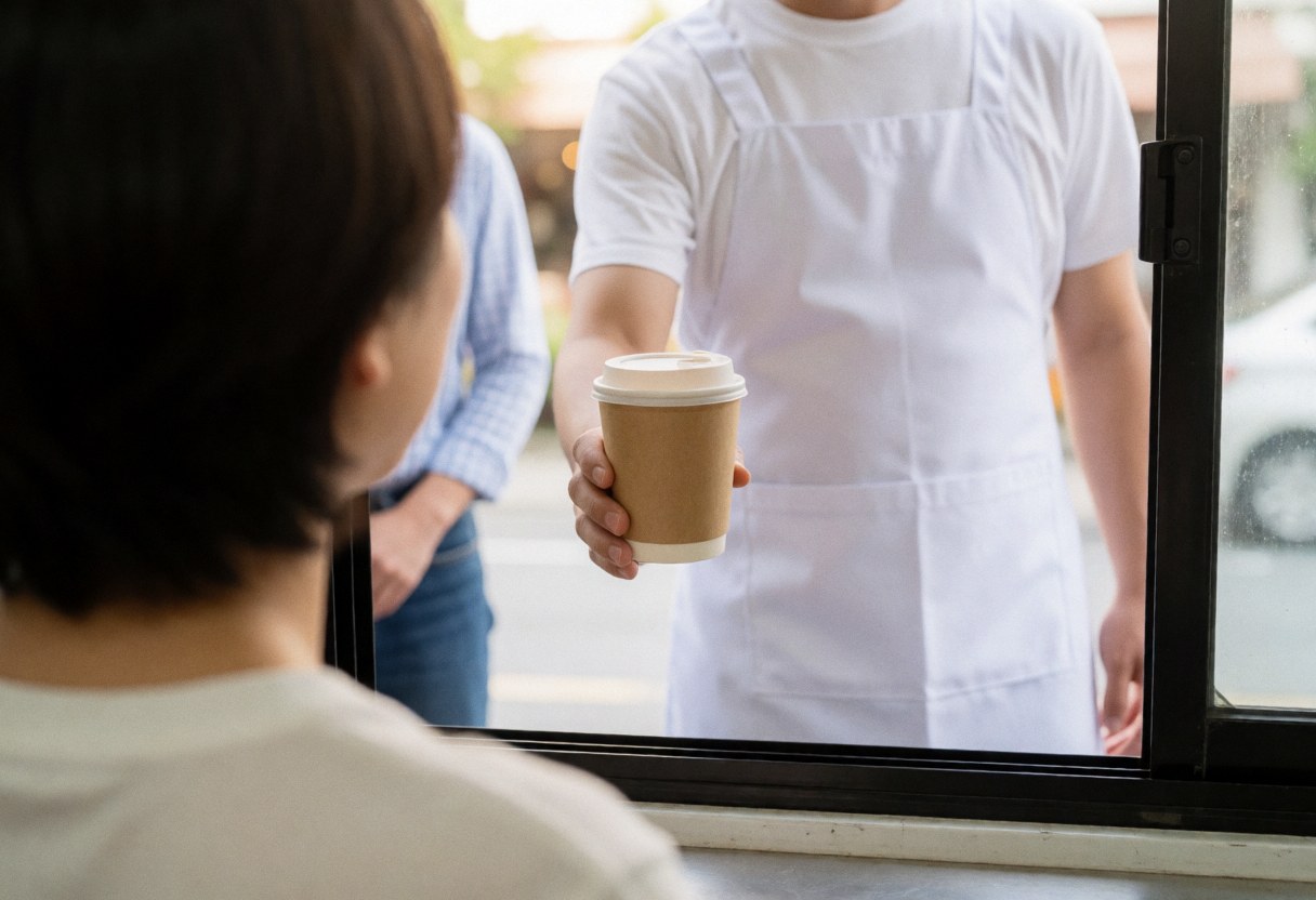 A vendor in a food truck serves a cup of coffee to a customer from behind, with soft morning light creating a realistic and professional atmosphere.