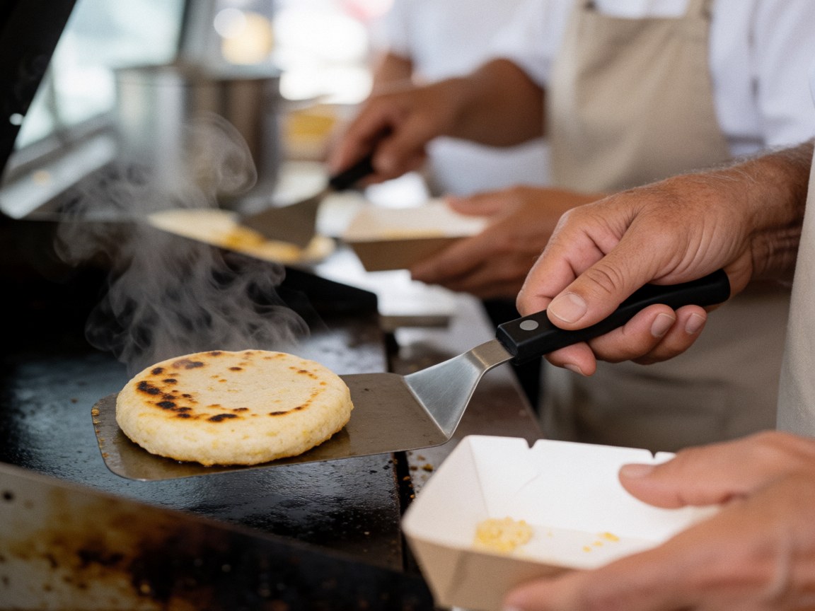 Close-up view of golden-brown arepas cooking on a hot grill with visible steam rising from the surface
