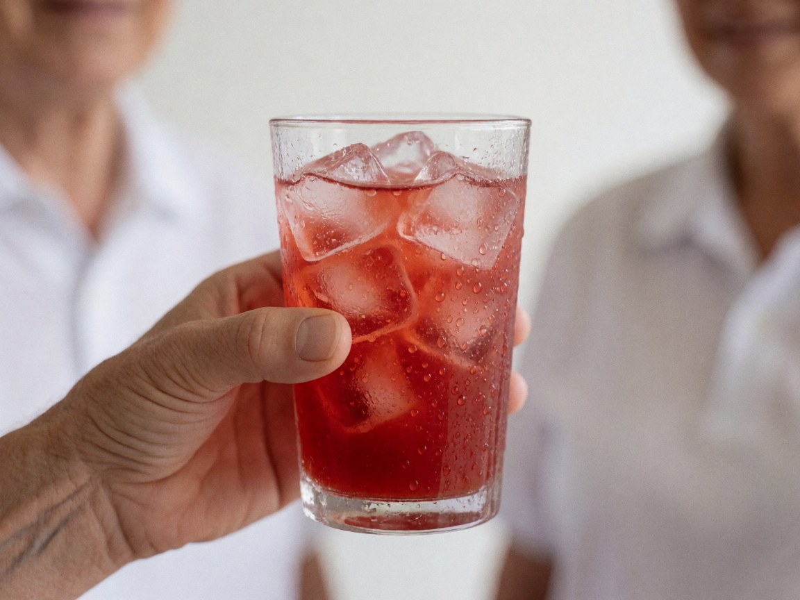 A close-up view of a hand holding a glass filled with ice and red juice against a white wall background