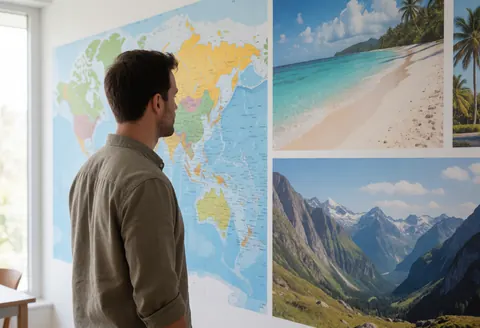 A man stands in a travel agency looking at a large wall mural featuring world maps and photos of beaches and mountains.
