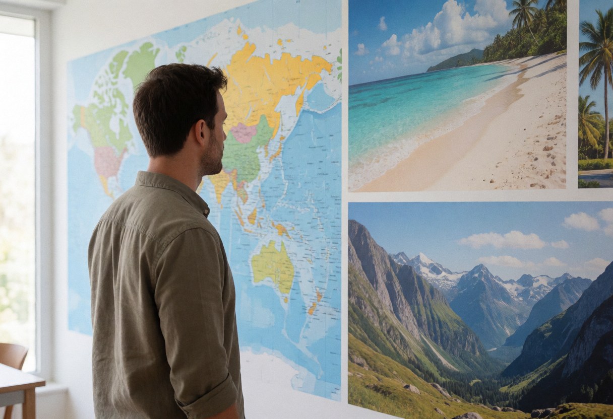 A man stands in a travel agency looking at a large wall mural featuring world maps and photos of beaches and mountains.