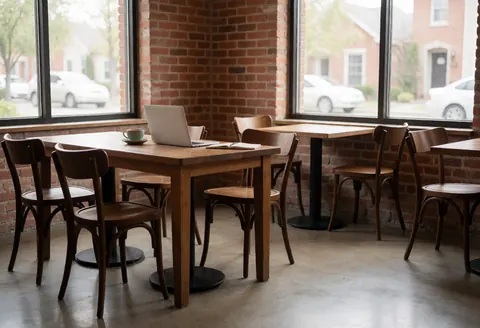 A quiet home office setup featuring a laptop on a desk, a coffee cup, and natural light from a window overlooking a brick wall and street.