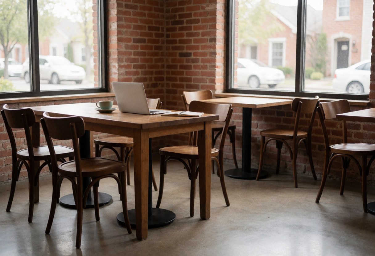 A quiet home office setup featuring a laptop on a desk, a coffee cup, and natural light from a window overlooking a brick wall and street.