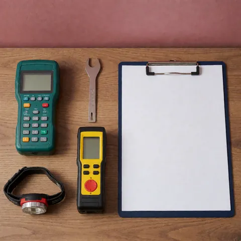 A collection of professional inspection tools including a laser distance meter, headlamp, clipboard, and notebook arranged on a surface for property evaluation.