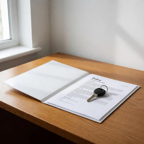 Open insurance policy document and black key resting on a wooden table near a window with natural light and soft shadows