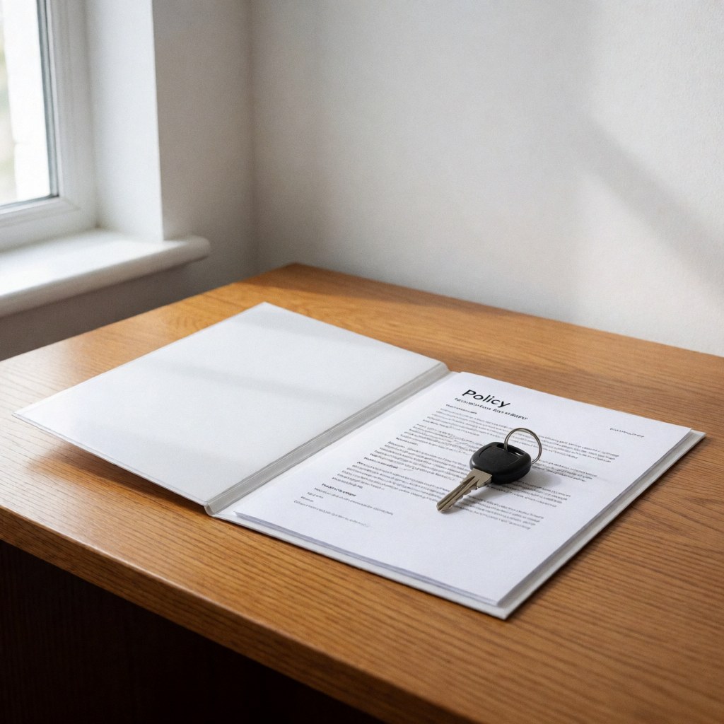 Open insurance policy document and black key resting on a wooden table near a window with natural light and soft shadows