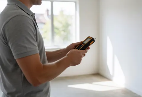 Technical inspector uses a laser distance meter to measure a wall in an empty room with concrete floors and white walls lit by natural window light.