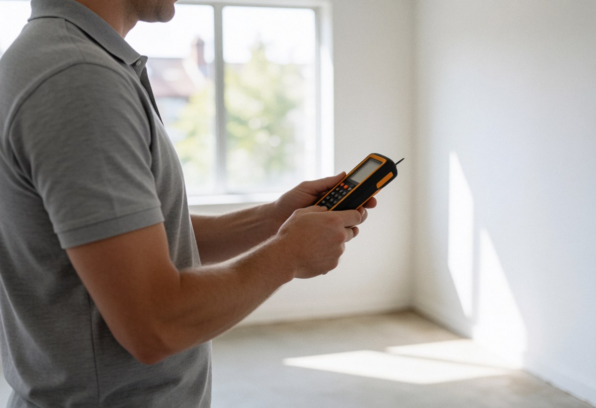 Technical inspector uses a laser distance meter to measure a wall in an empty room with concrete floors and white walls lit by natural window light.