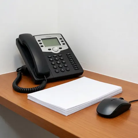 Wooden office desk featuring a black telephone, white brochures, and a computer mouse, suitable for insurance or consulting services.