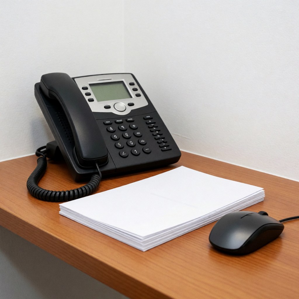 Wooden office desk featuring a black telephone, white brochures, and a computer mouse, suitable for insurance or consulting services.
