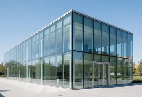 Contemporary glass facade of a professional consulting office building under a clear blue sky with clean pavement and surrounding greenery