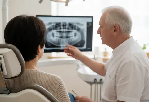 A professional dentist reviews a dental x-ray image on a monitor with a seated patient in a modern clinic.