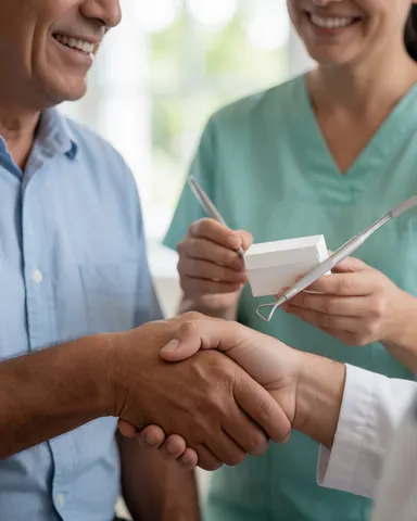 A dentist holding dental tools and a white box greets a smiling patient in a naturally lit office.