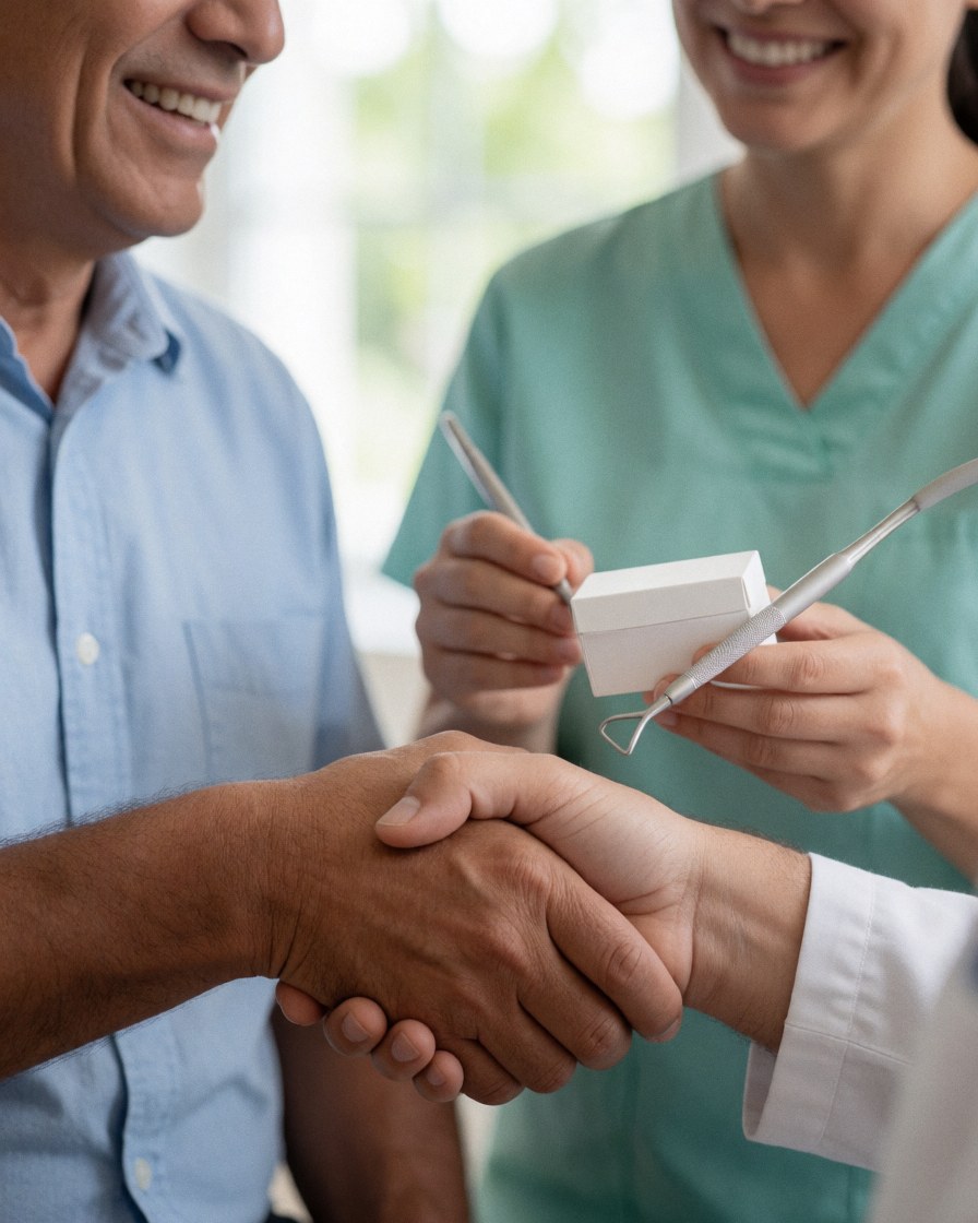 A dentist holding dental tools and a white box greets a smiling patient in a naturally lit office.