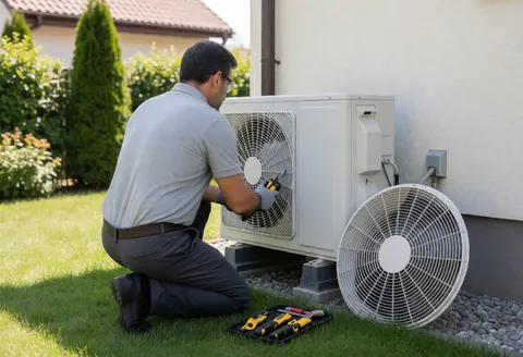 Technician wearing gloves and safety glasses repairs an outdoor AC unit in a sunny garden with tools on the gravel ground.