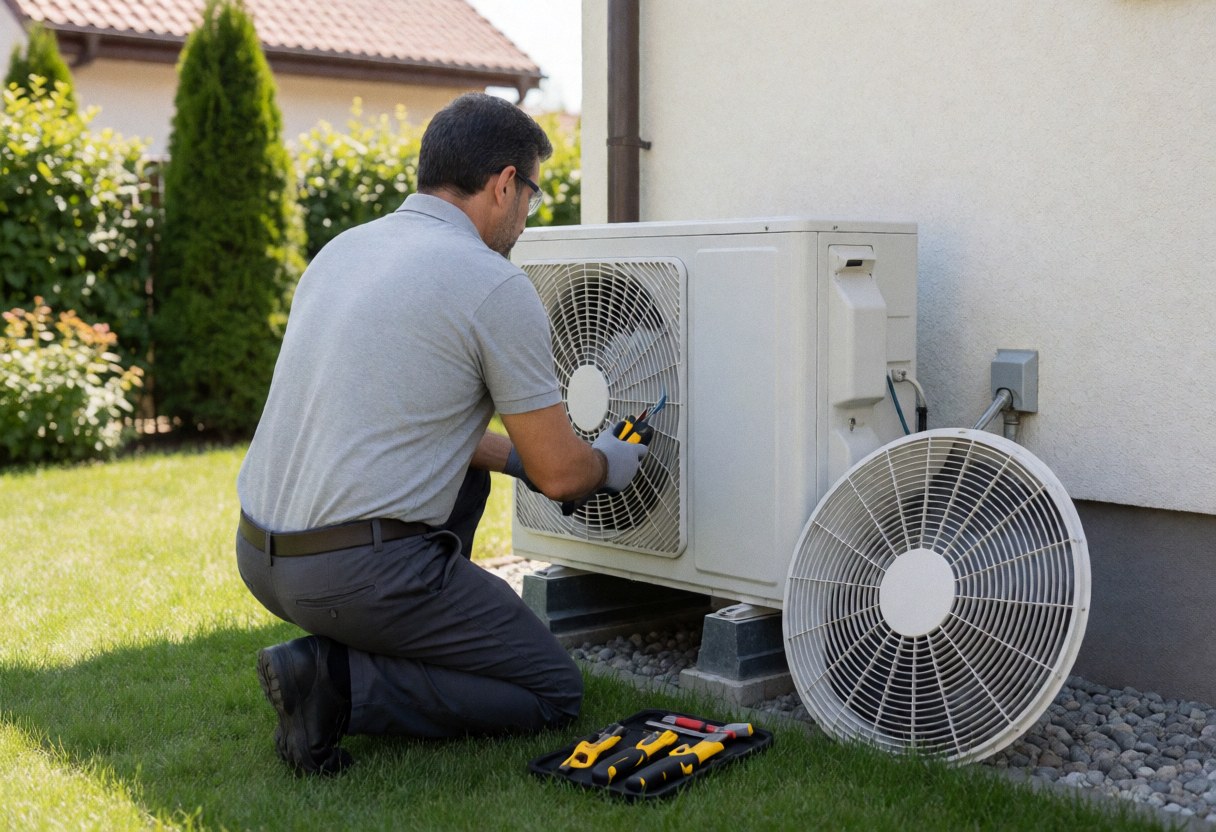 Technician wearing gloves and safety glasses repairs an outdoor AC unit in a sunny garden with tools on the gravel ground.