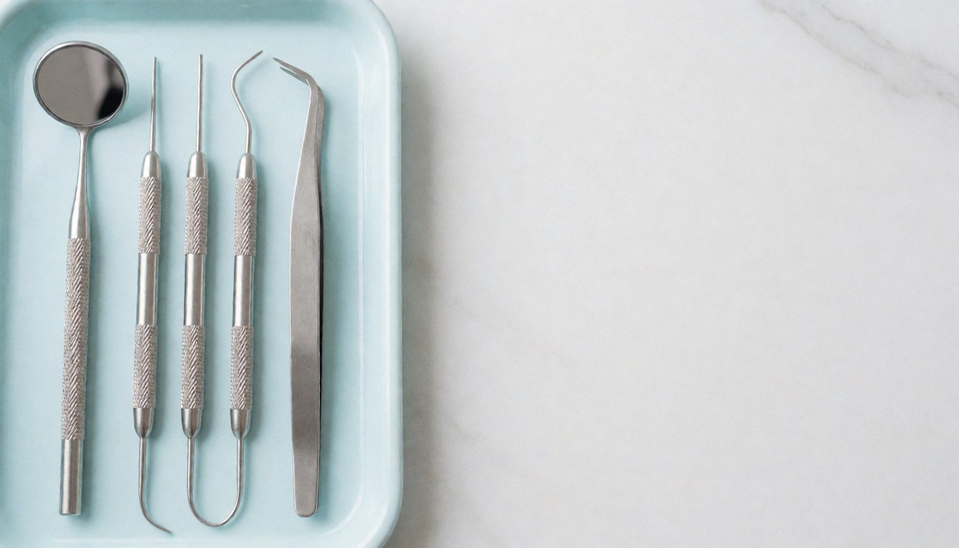 Sterile dental tools arranged on a blue tray against a white background, suitable for dental clinic advertising and text overlays