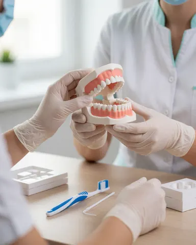 Dentist wearing gloves holding a dental model, toothbrush, and dental floss on a clean clinical desk.