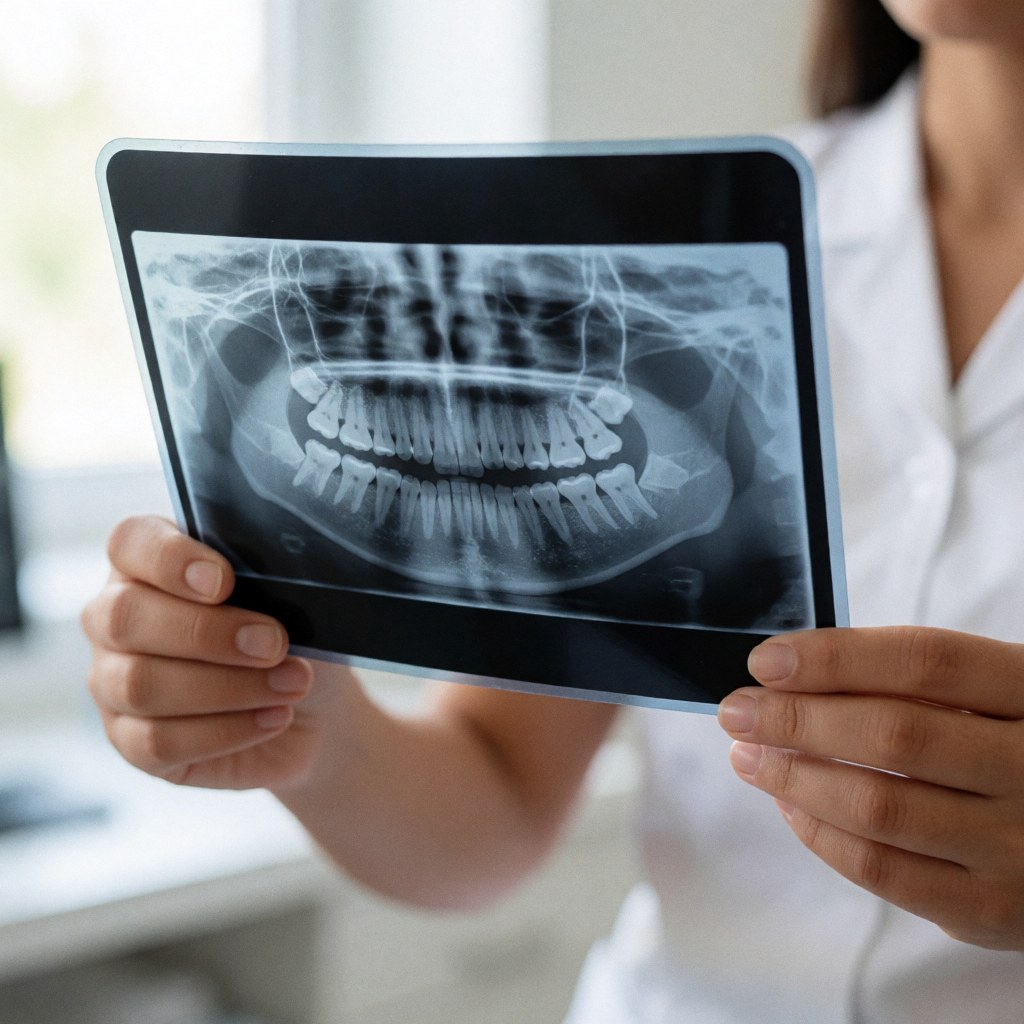 Dentist holding a dental radiograph for a patient in a clinic with natural light and blurred background, focusing on the diagnostic tool.