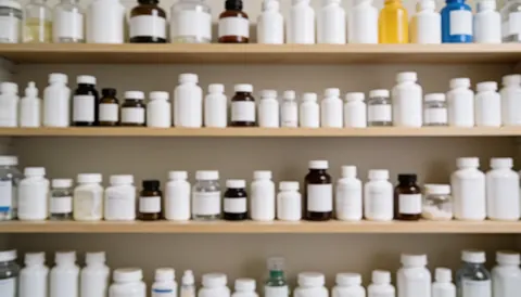 Neutral background of shelves stocked with medicine bottles, suitable for dental clinic text overlays and professional design